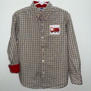 4 Smocked Firetruck Plaid Boys Button Down Shirt with Red Accents and